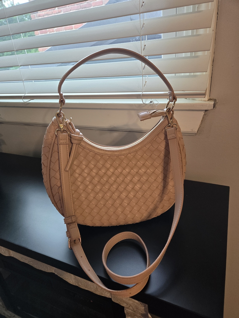 Macy's Woven Shoulder Bag in Blush Beige